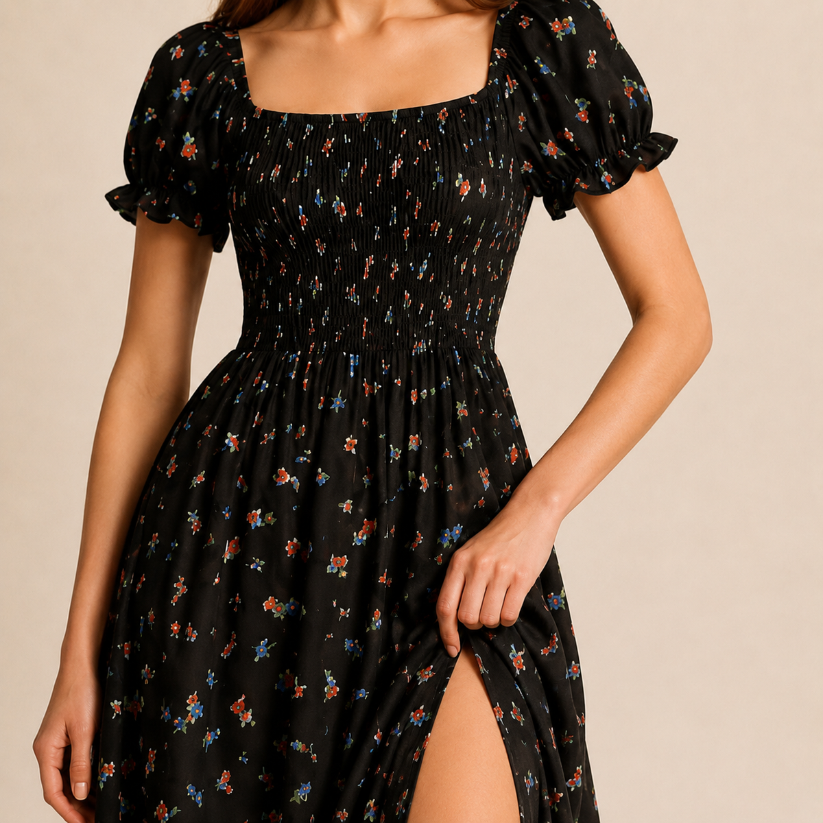 Floral Square Neck Puff Sleeve Smocked High Split Midi Dress 2