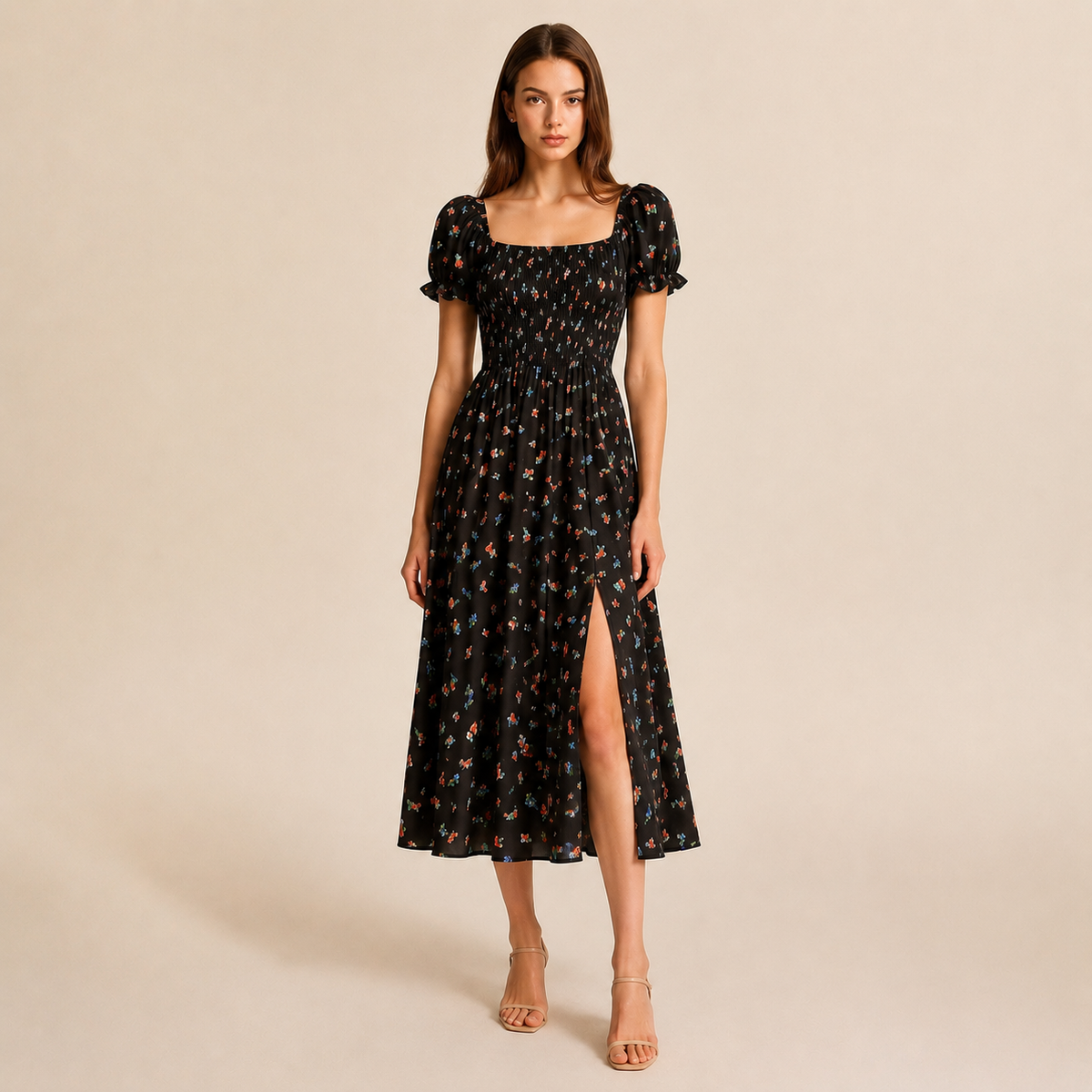 Floral Square Neck Puff Sleeve Smocked High Split Midi Dress