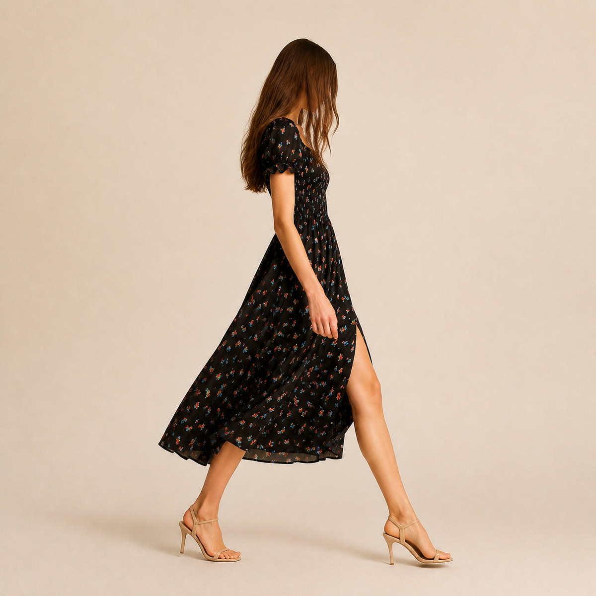 Floral Square Neck Puff Sleeve Smocked High Split Midi Dress 4