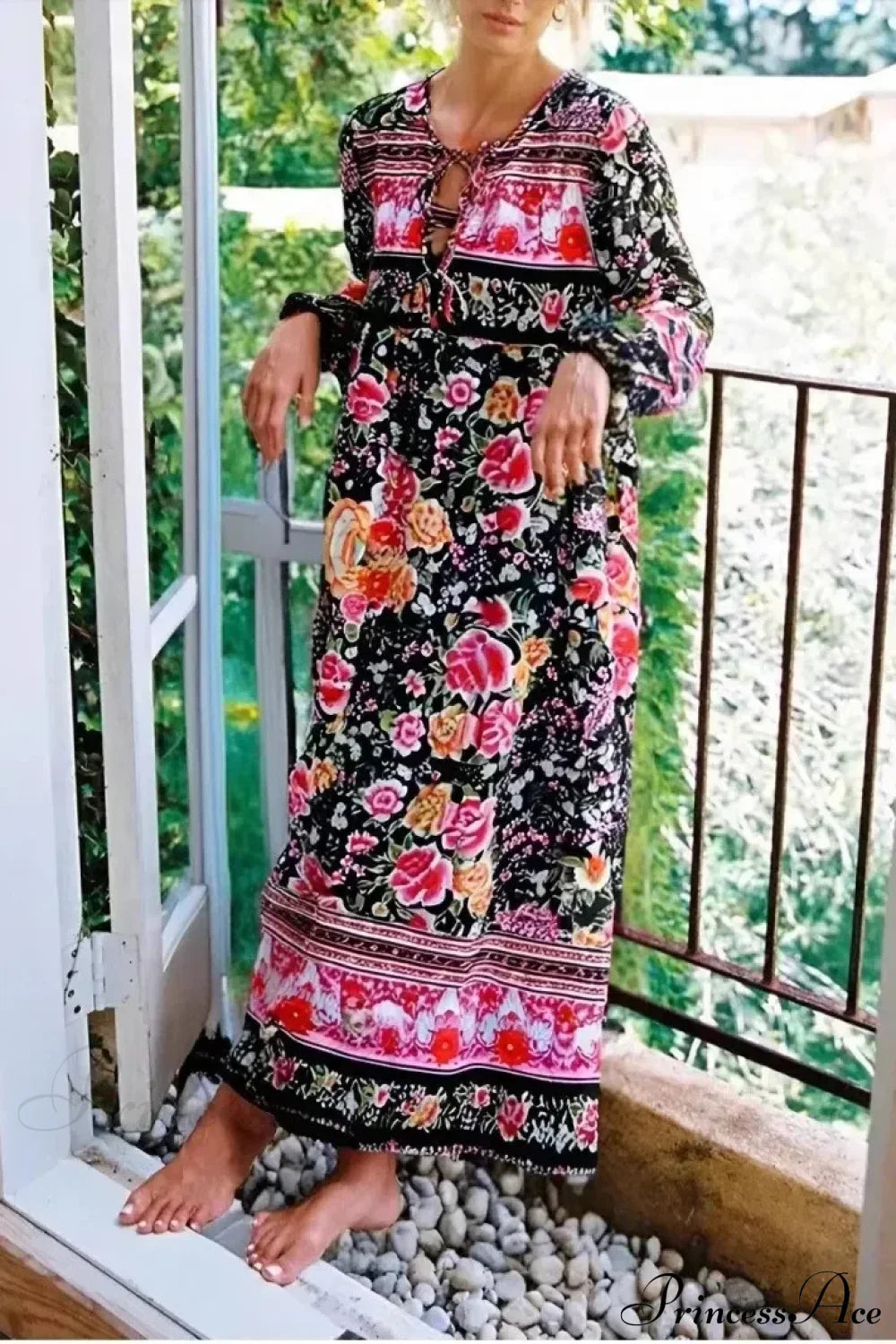 Black Floral Print Tie Neck Long Sleeve Rayon Maxi Boho Dress navy / S bohodress-250126