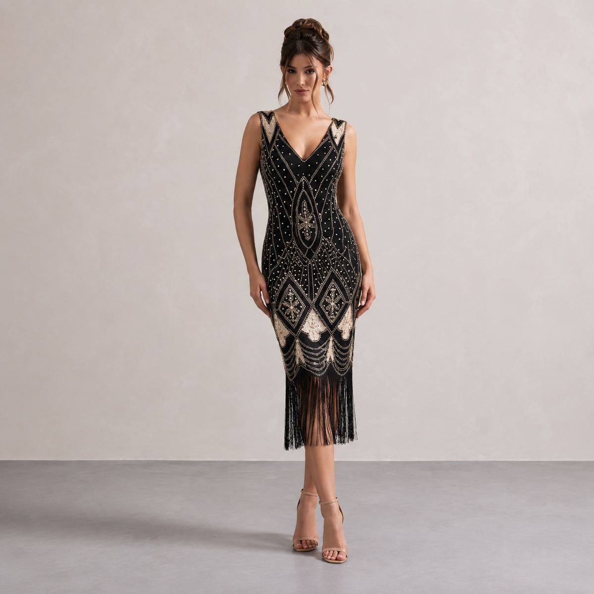 Beaded Fringe Hem V-Neck Flapper Midi Dress 5