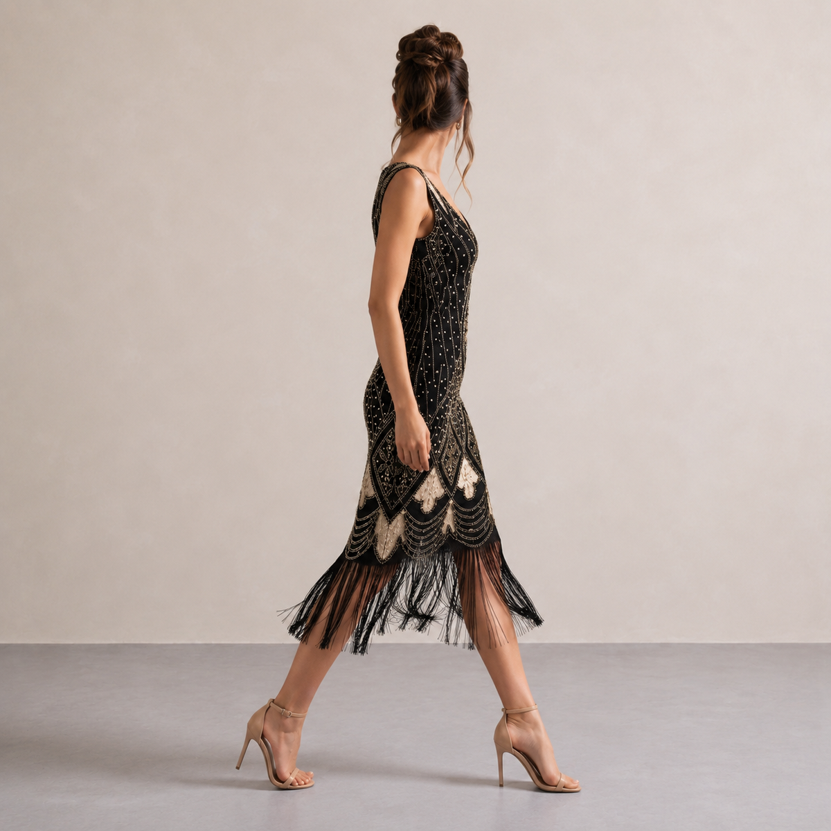 Beaded Fringe Hem V-Neck Flapper Midi Dress 8