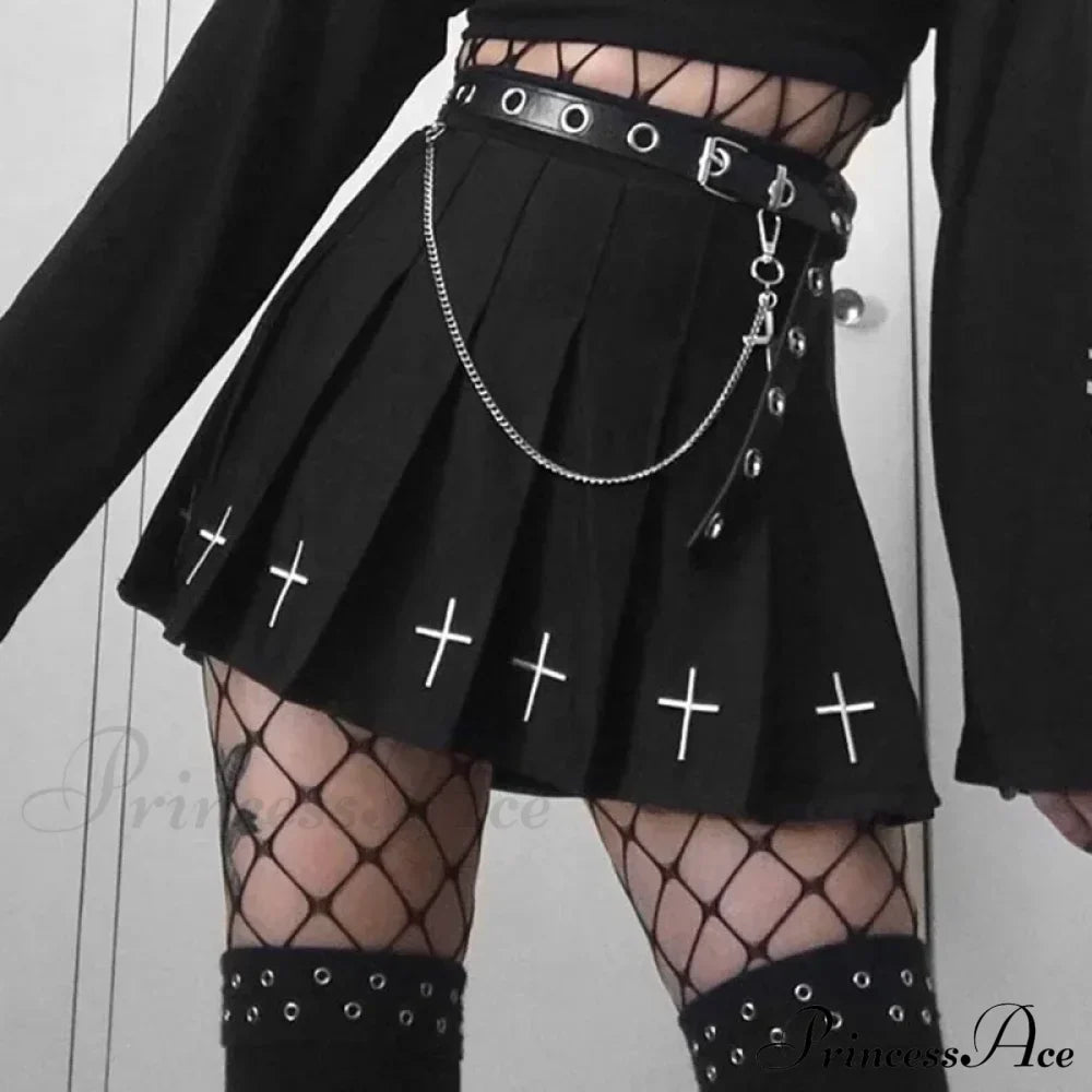 Black High Waist Pleated Vintage Gothic Streetwear Cross Print Skirt