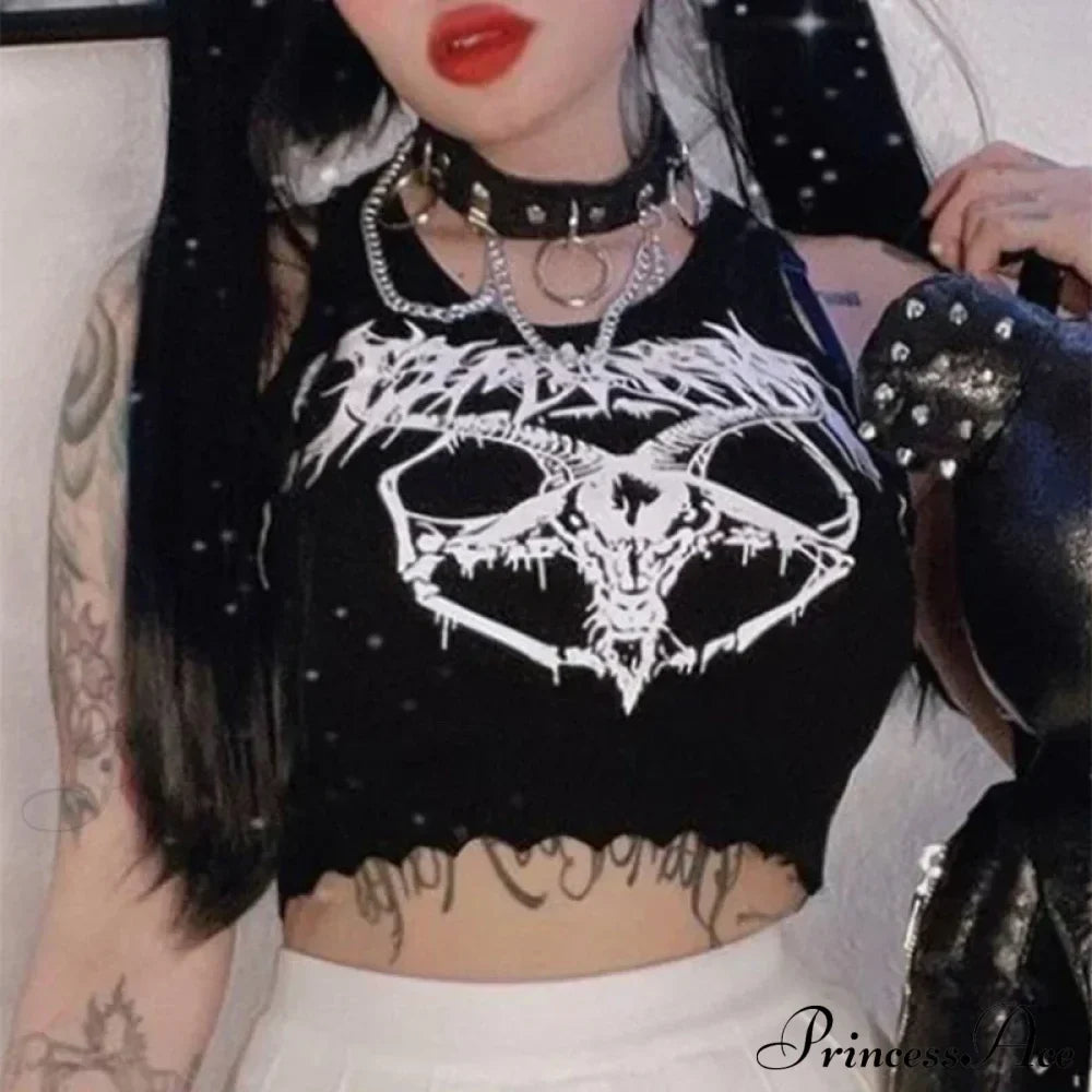 Black Ribbed Punk Gothic Skull Print Sleeveless Crop Top