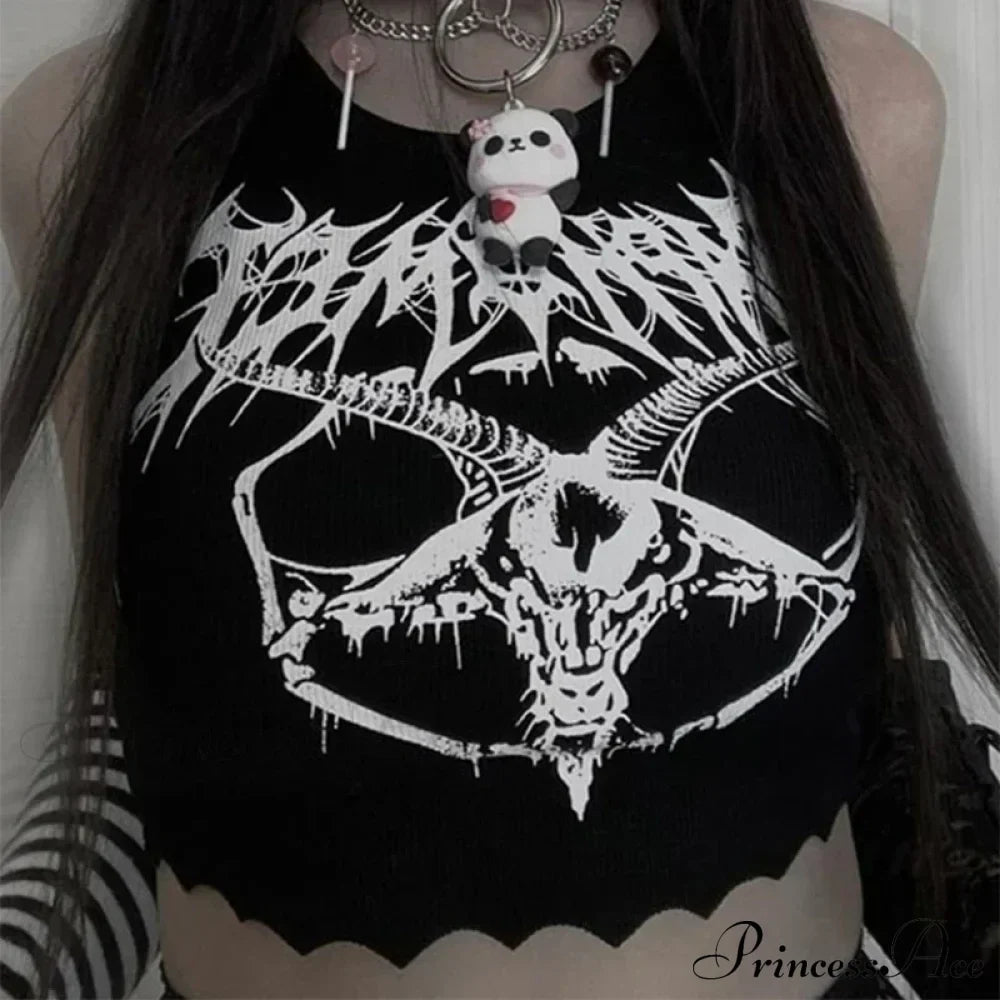 Black Ribbed Punk Gothic Skull Print Sleeveless Crop Top