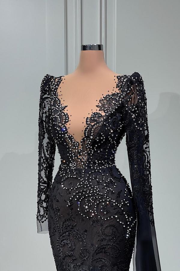Black Lace Long Sleeves Prom Dress Mermaid With Beads - Fashionpara