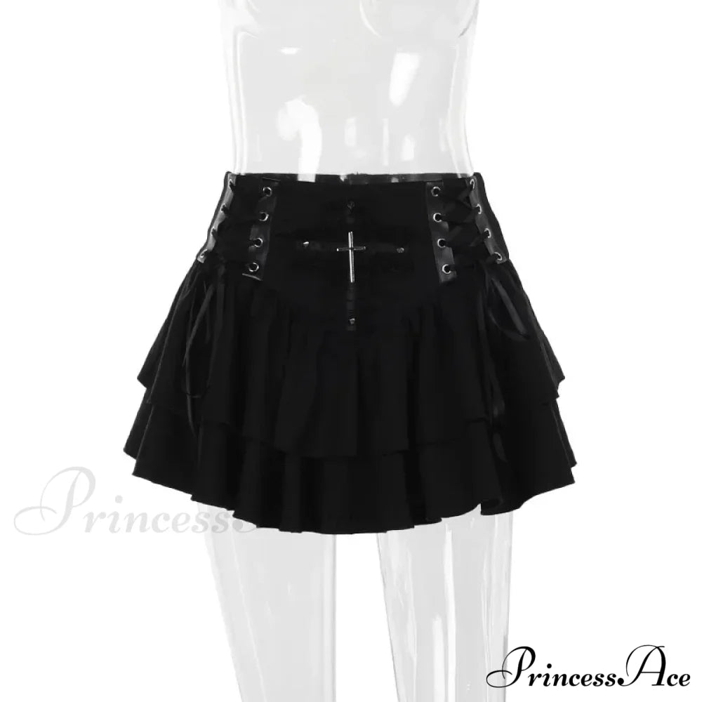 Black Lace Trim Cross Lace-Up Mini Vintage Sexy A-Line Layered Short Women Summer Autumn Skirt / S