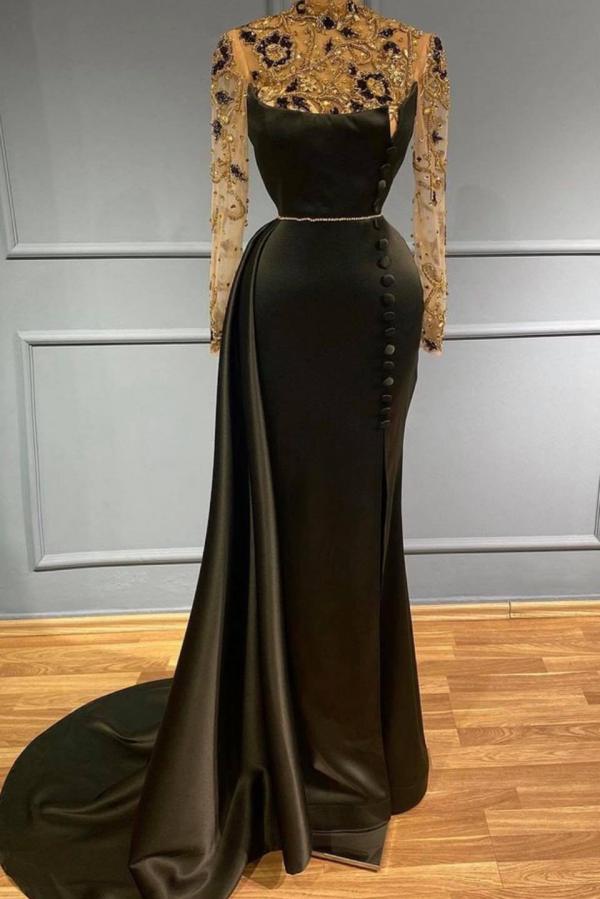Black Long Sleeves Evening Dress Mermaid With Beads - Fashionpara