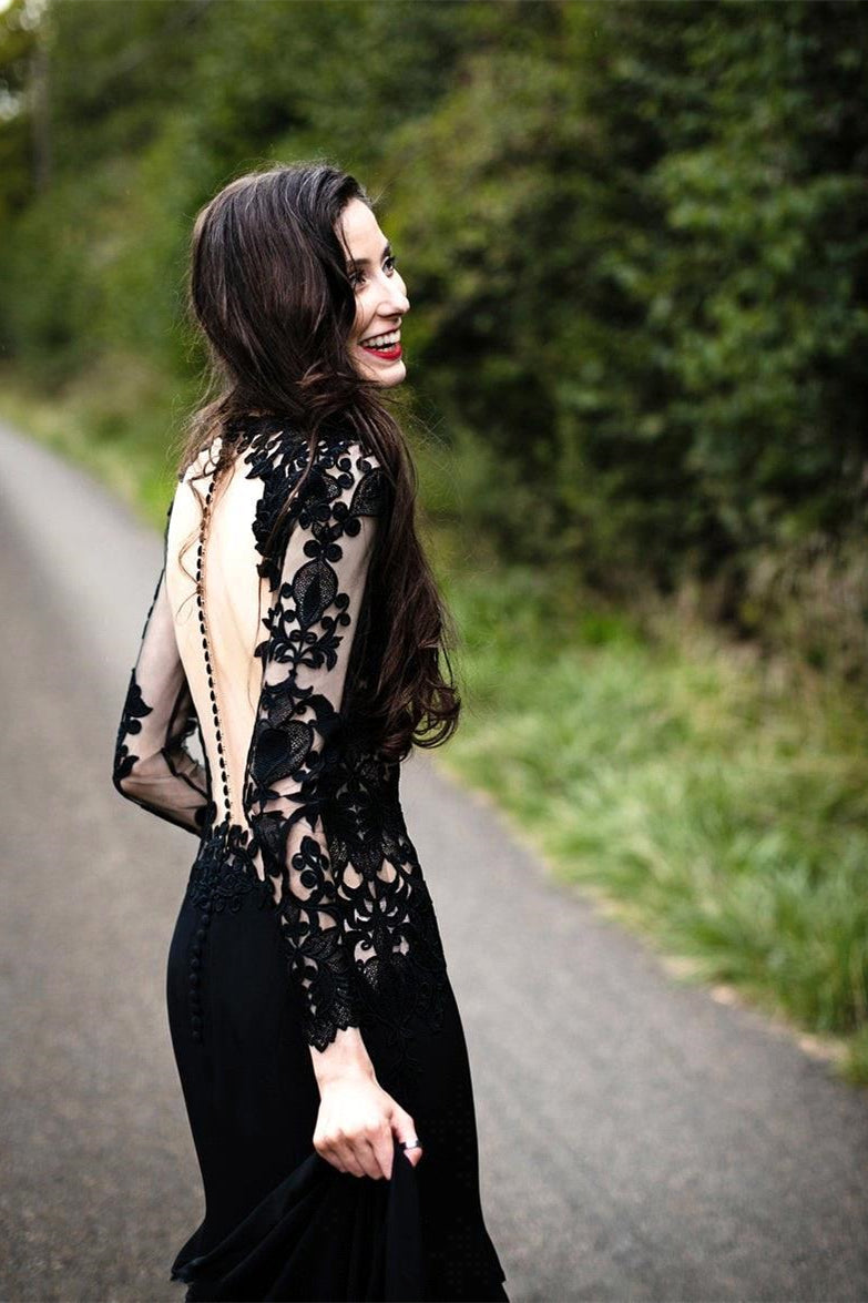Black Long Sleeves Mermaid Wedding Dress with Sweep Train