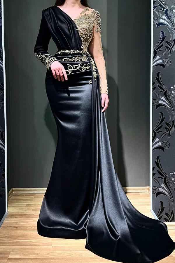 Black Long Sleeves Prom Dress Mermaid Long With Beads - Fashionpara
