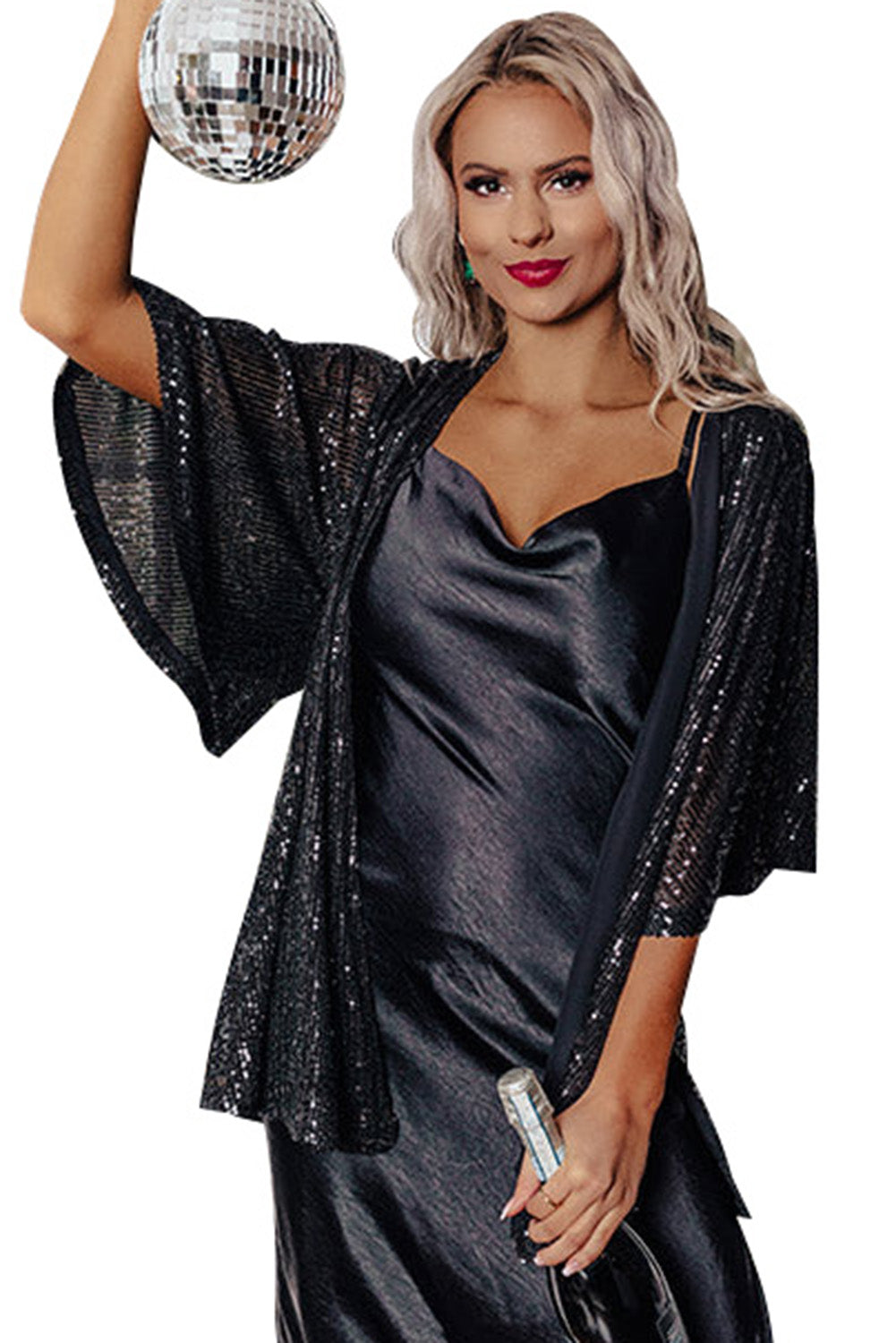 Black Luster Sequin Half Sleeves Draped Open Front Top Fashionpara