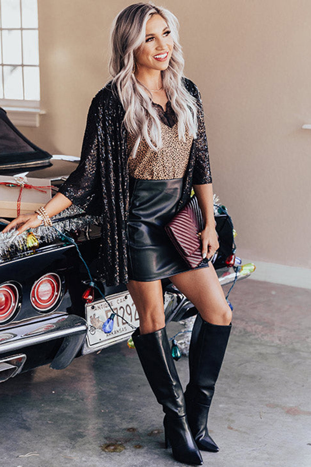 Black Luster Sequin Half Sleeves Draped Open Front Top Fashionpara