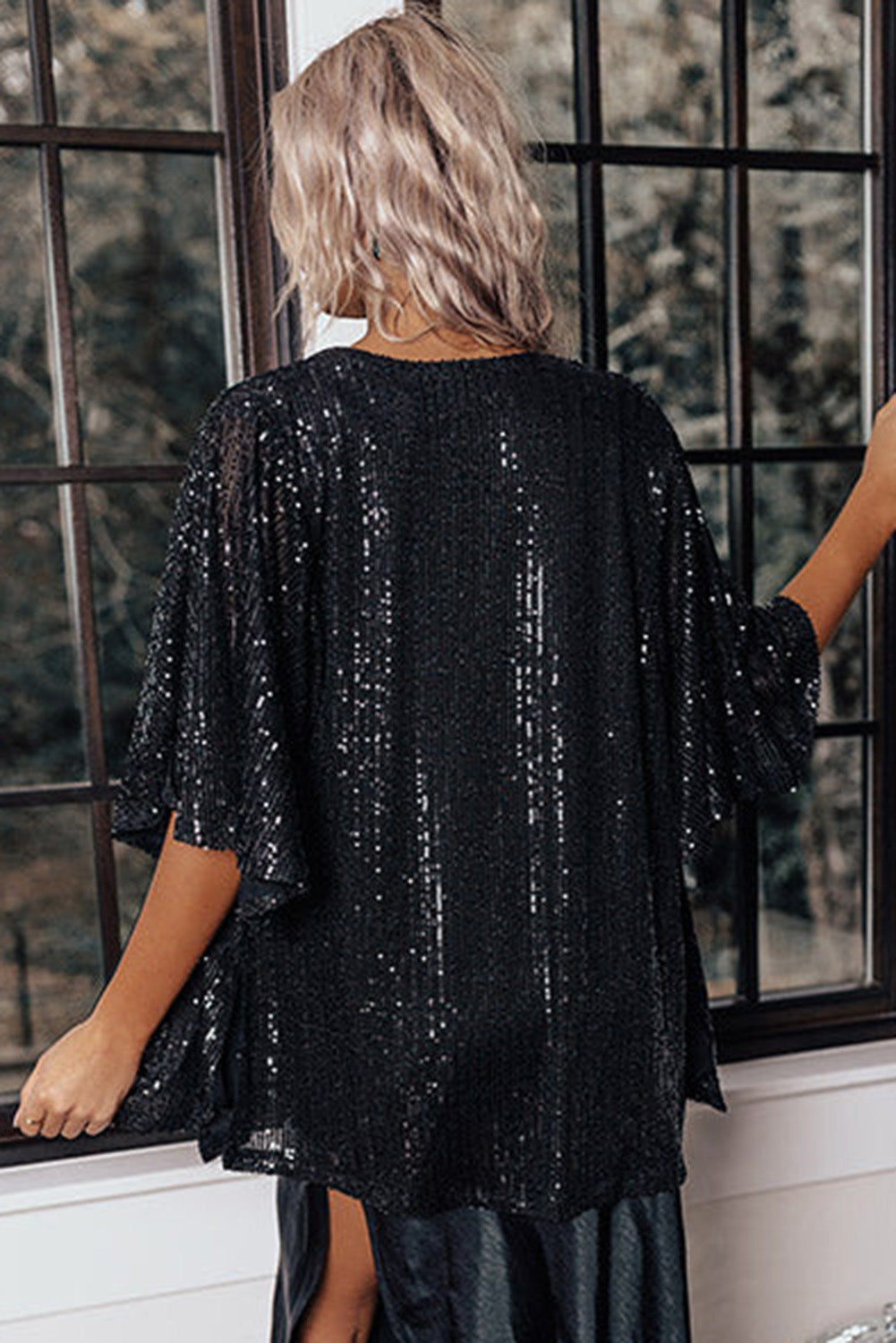 Black Luster Sequin Half Sleeves Draped Open Front Top Fashionpara
