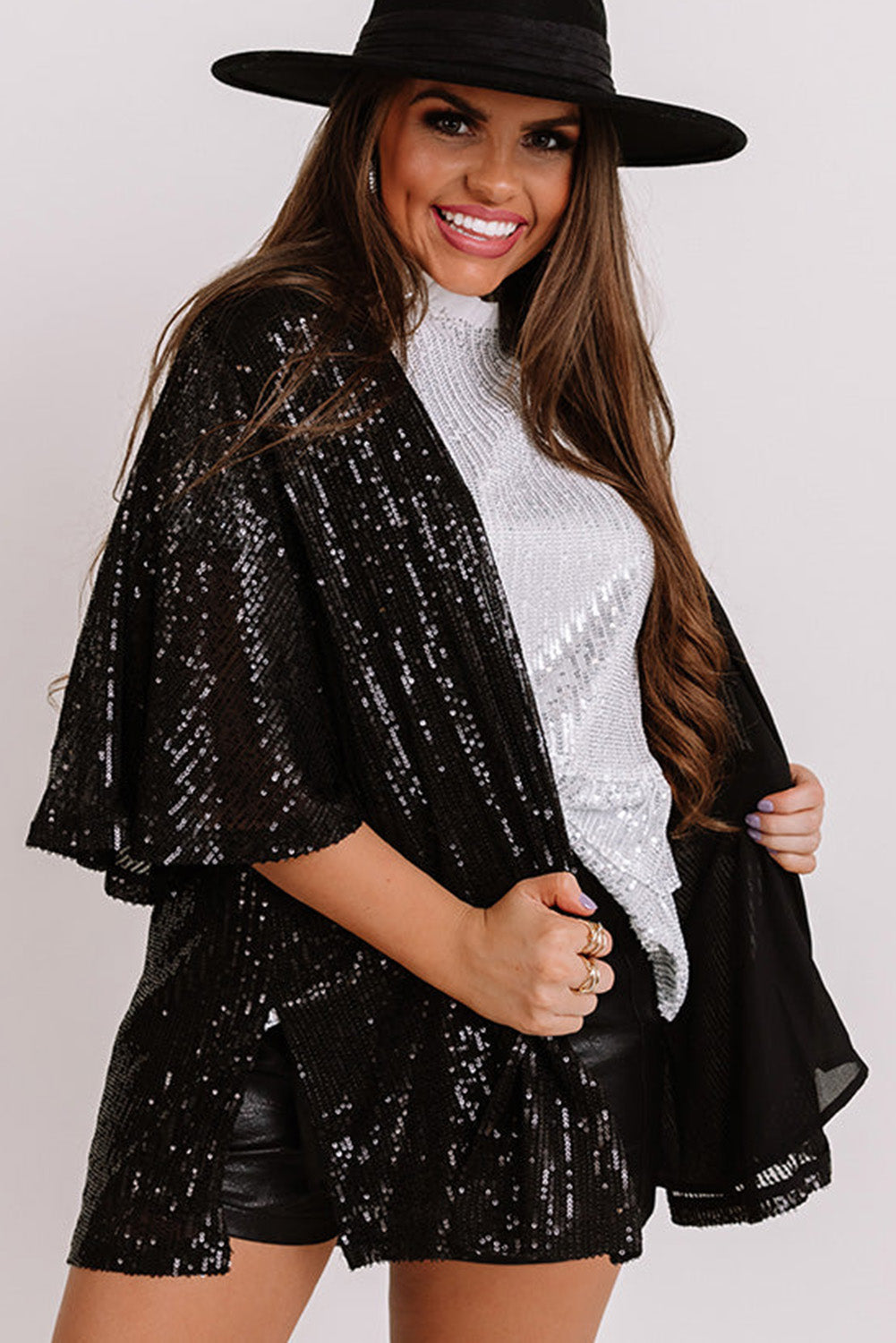 Black Luster Sequin Half Sleeves Draped Open Front Top Fashionpara