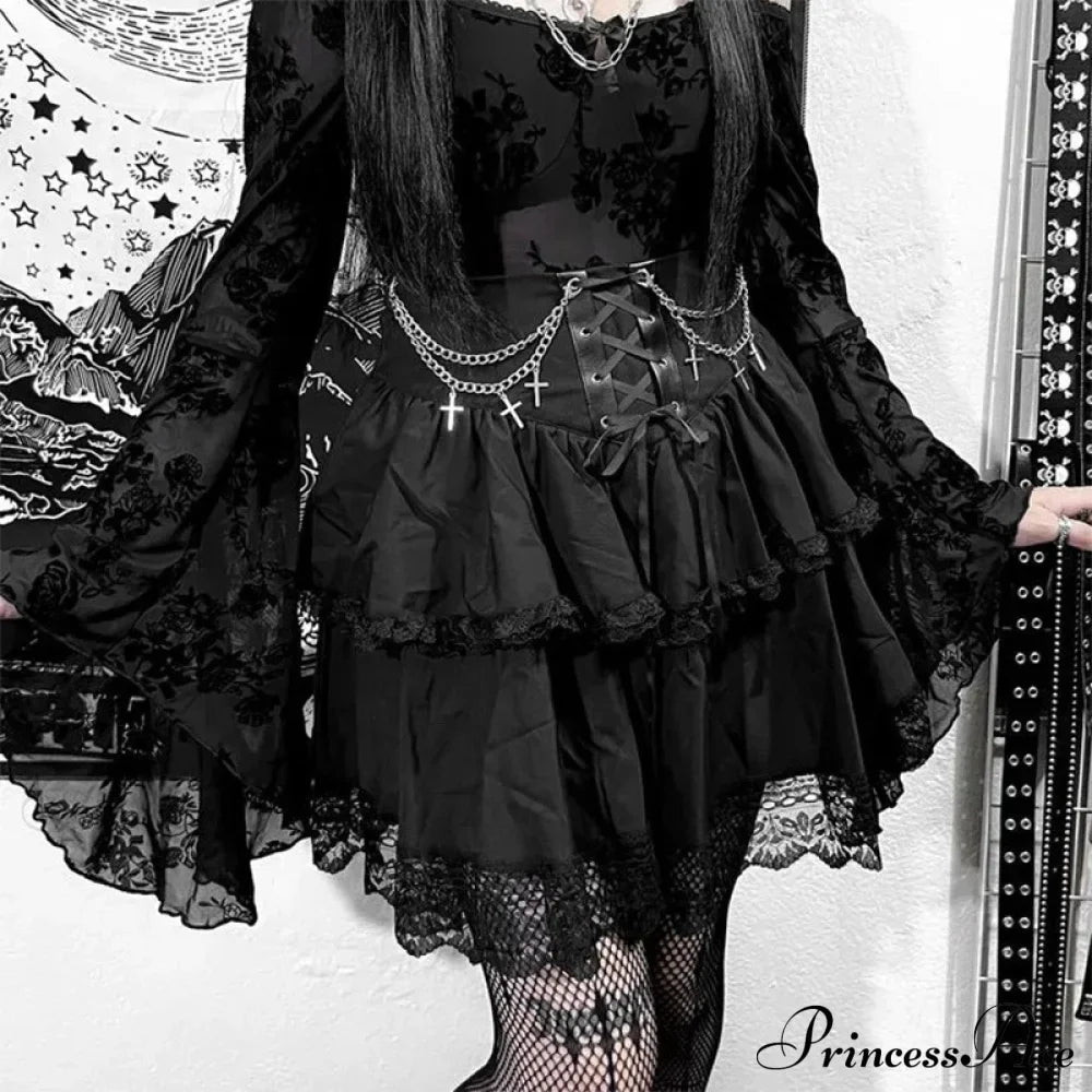 Black Mini Gothic Sexy Cute Women Drawstring Folds High Waist Irregular Ruffle Patchwork Fairycore Skirt