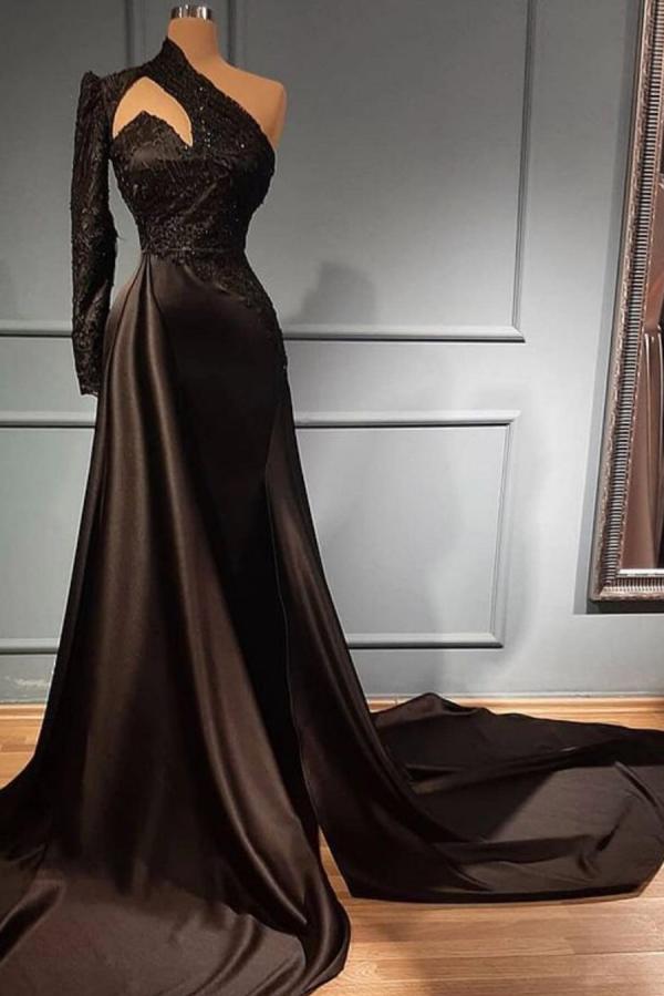 Black One Shoulder Lace Prom Dress Mermaid With Long Sleeves - Fashionpara