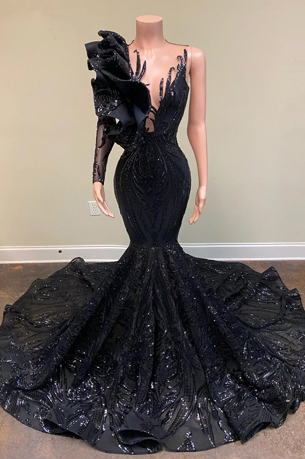 Black One Shoulder Long Sleeves Prom Dress Mermaid Sequins - Fashionpara