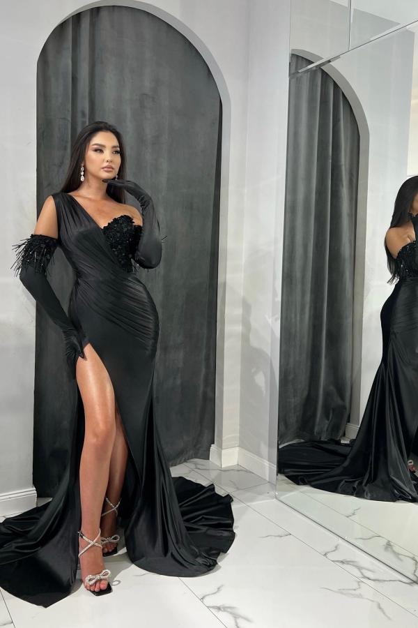 Black One Shoulder Prom Dress Mermaid With Split - Fashionpara
