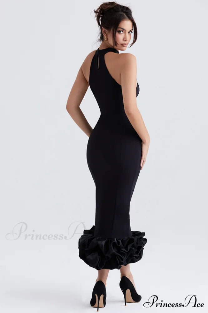 Halter Neck Rosette Hem Bodycon Midi Dress 7