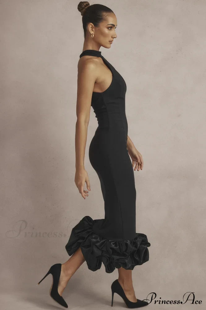 Halter Neck Rosette Hem Bodycon Midi Dress 2