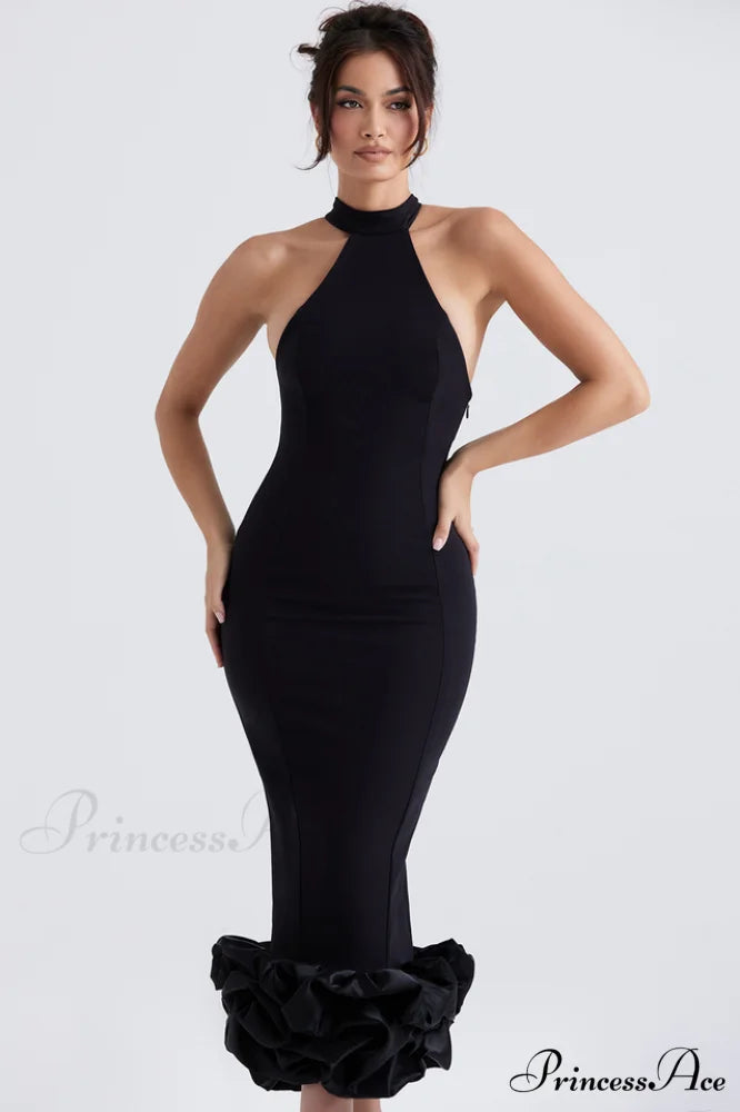 Halter Neck Rosette Hem Bodycon Midi Dress 3