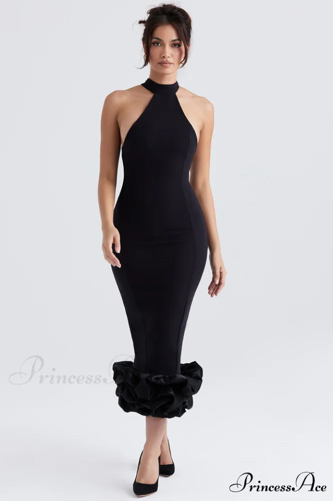 Halter Neck Rosette Hem Bodycon Midi Dress 4