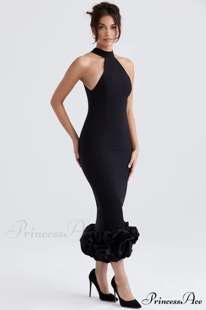 Halter Neck Rosette Hem Bodycon Midi Dress 5