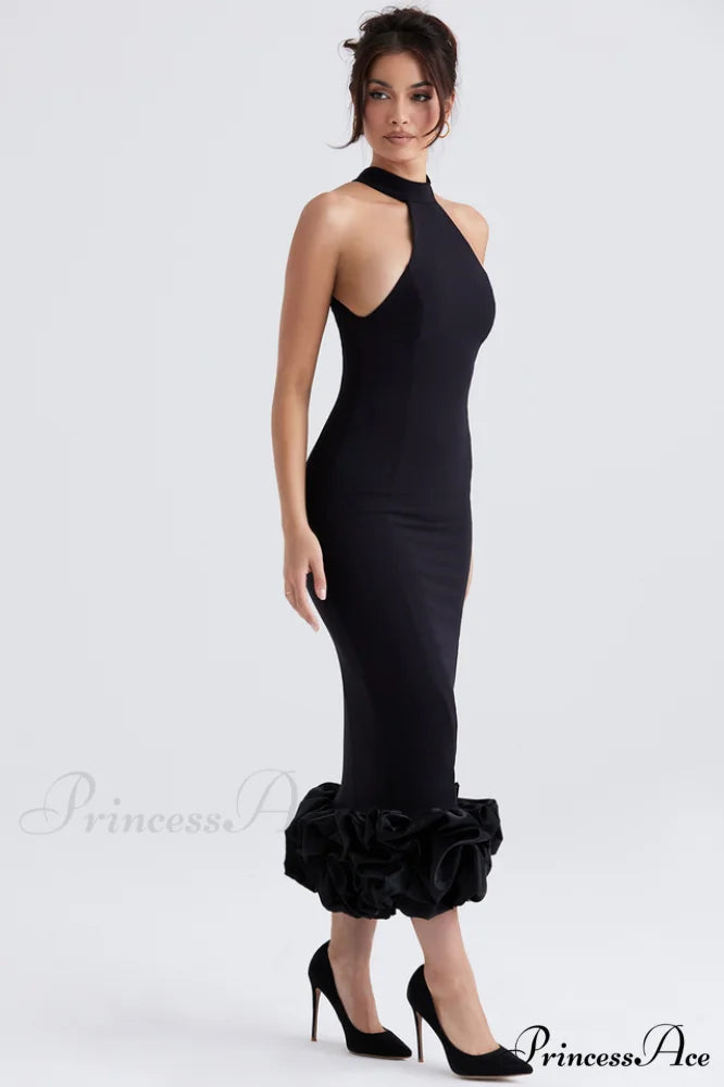 Halter Neck Rosette Hem Bodycon Midi Dress 6