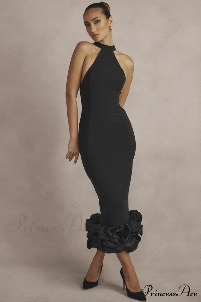 Halter Neck Rosette Hem Bodycon Midi Dress
