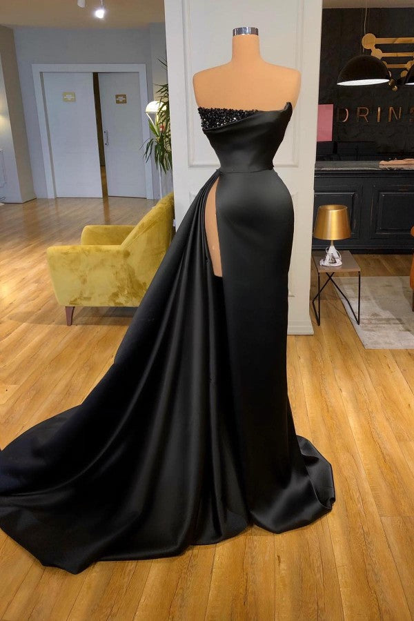 Black Prom Dress Mermaid Strapless High Split Long - Fashionpara
