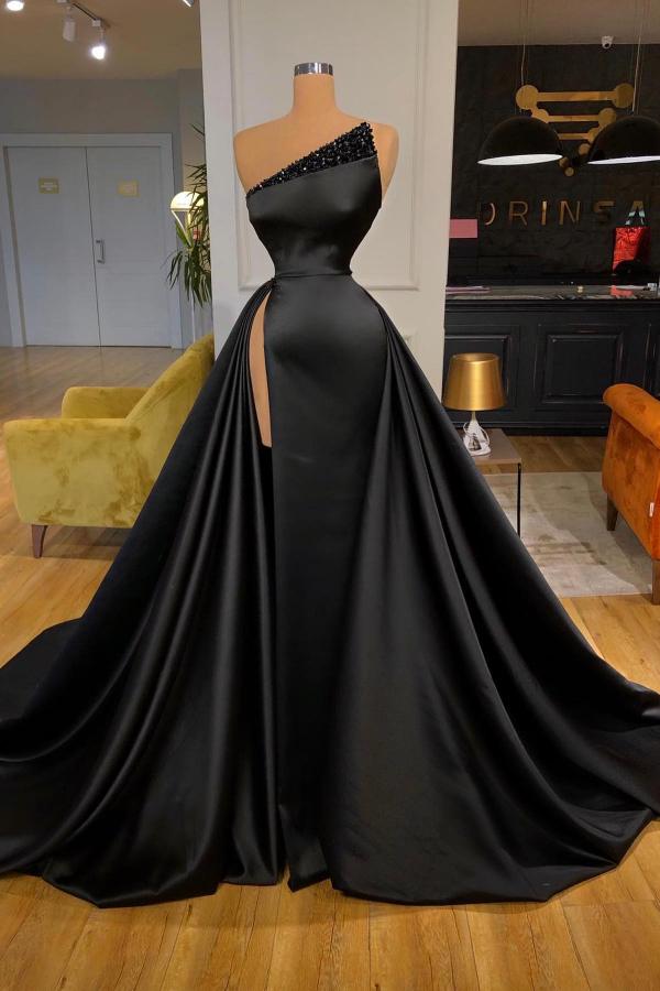 Black Prom Dress Overskirt Long With High Split - Fashionpara