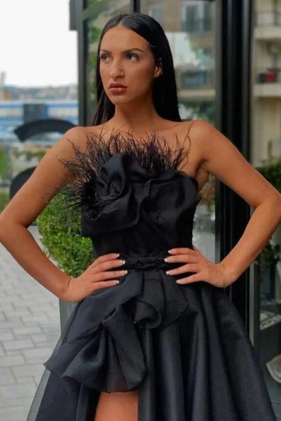 Black Prom Dress Split Long With Feather - Fashionpara