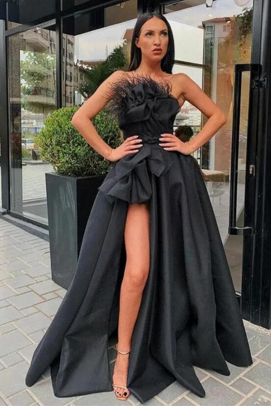 Black Prom Dress Split Long With Feather - Fashionpara