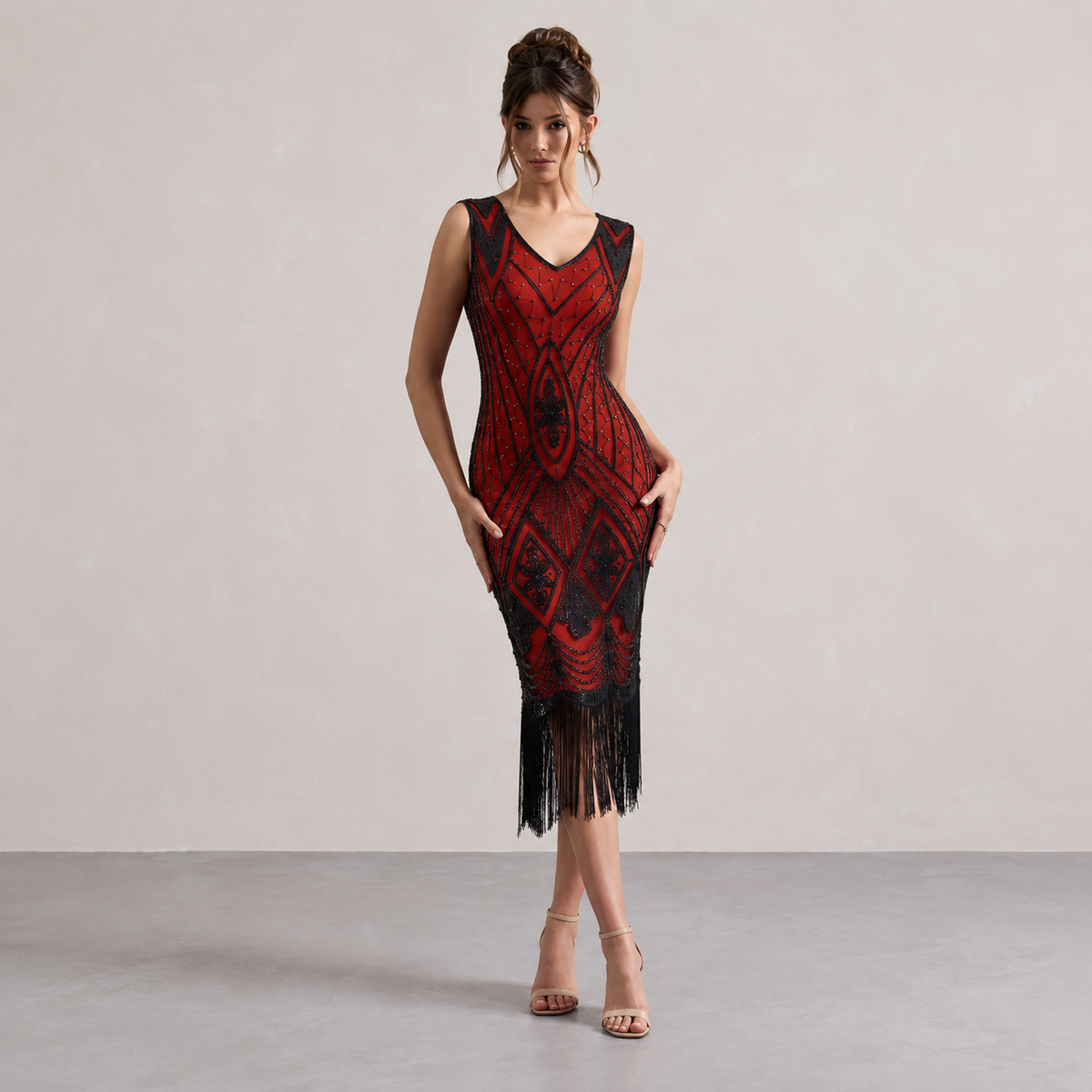 Beaded Fringe Hem V-Neck Flapper Midi Dress 9