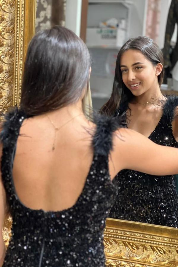 Black Sequins Prom Dress Mermaid Slit With Feather - Fashionpara