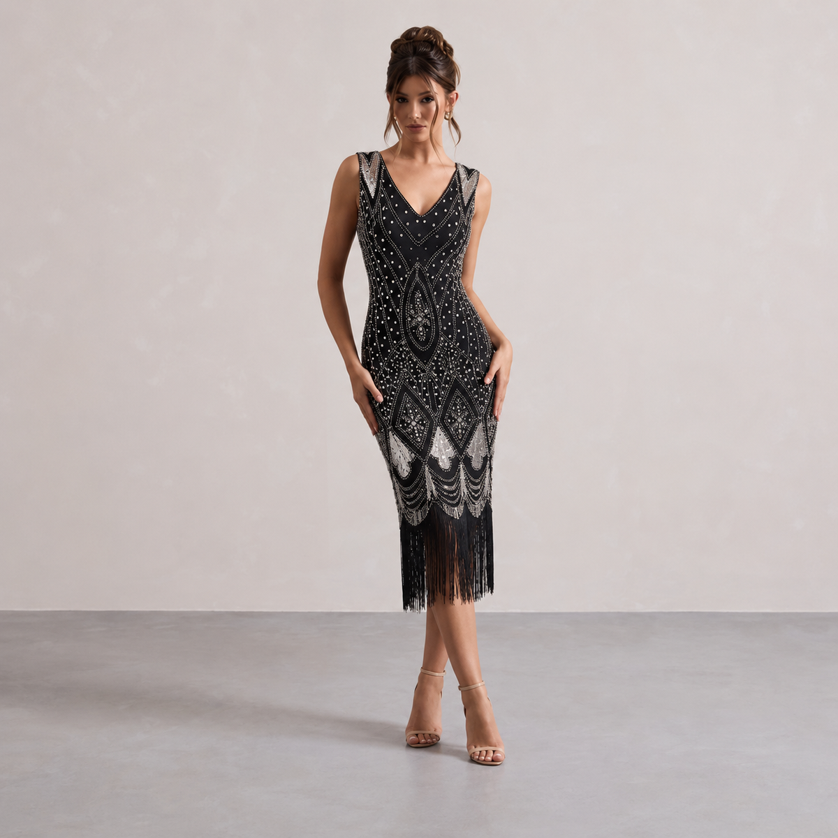 Beaded Fringe Hem V-Neck Flapper Midi Dress 13