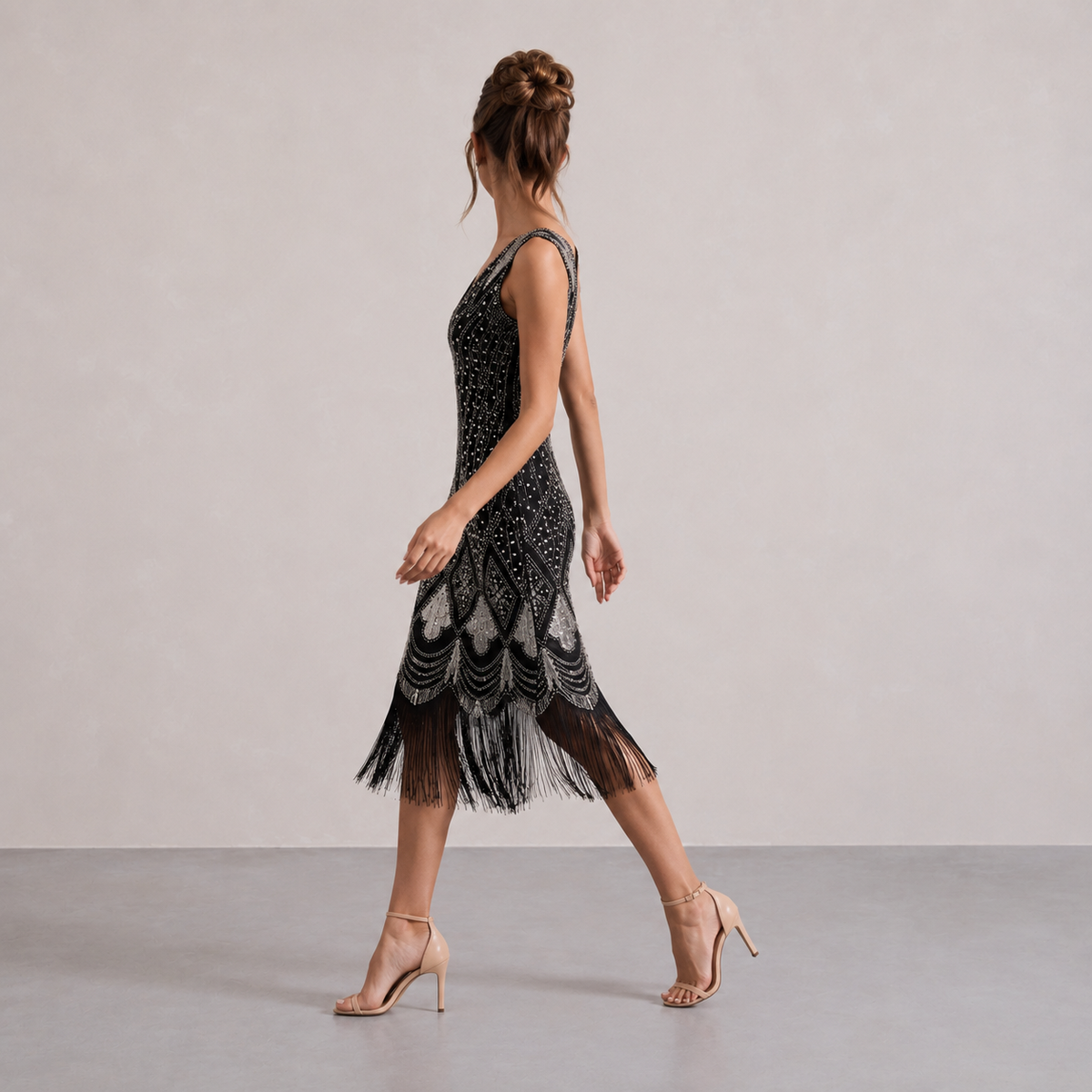 Beaded Fringe Hem V-Neck Flapper Midi Dress 16