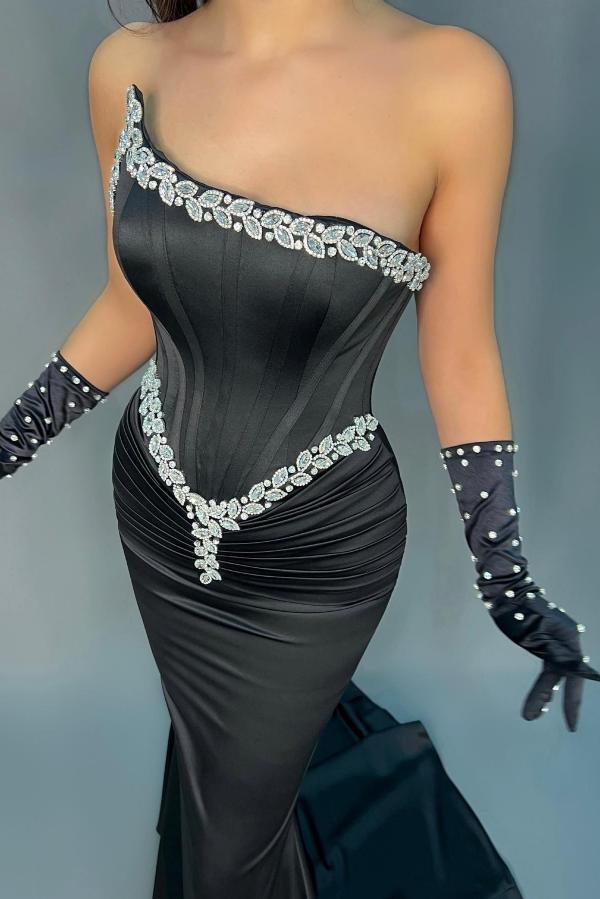 Black Strapless Mermaid Prom Dress Long With Beads - Fashionpara