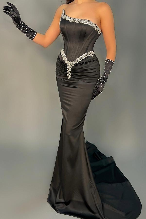 Black Strapless Mermaid Prom Dress Long With Beads - Fashionpara
