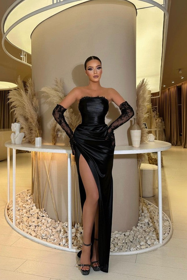 Black Strapless Prom Dress Mermaid Long Slit On Sale - Fashionpara