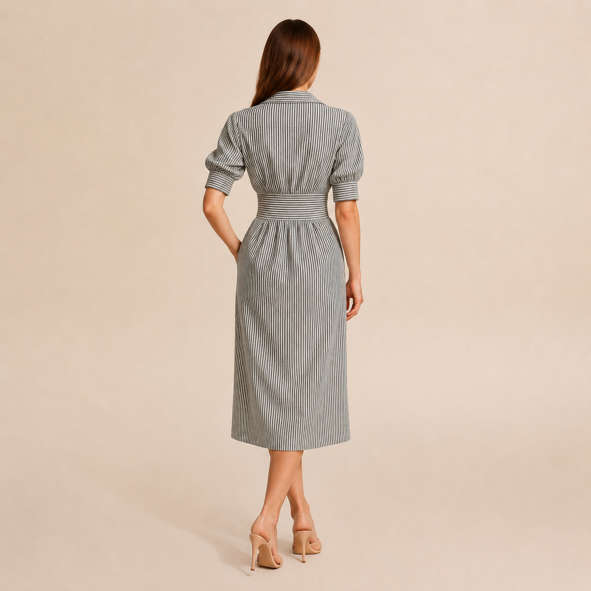 Striped Collared Puff Sleeve Button Front Belted Midi Dress 3