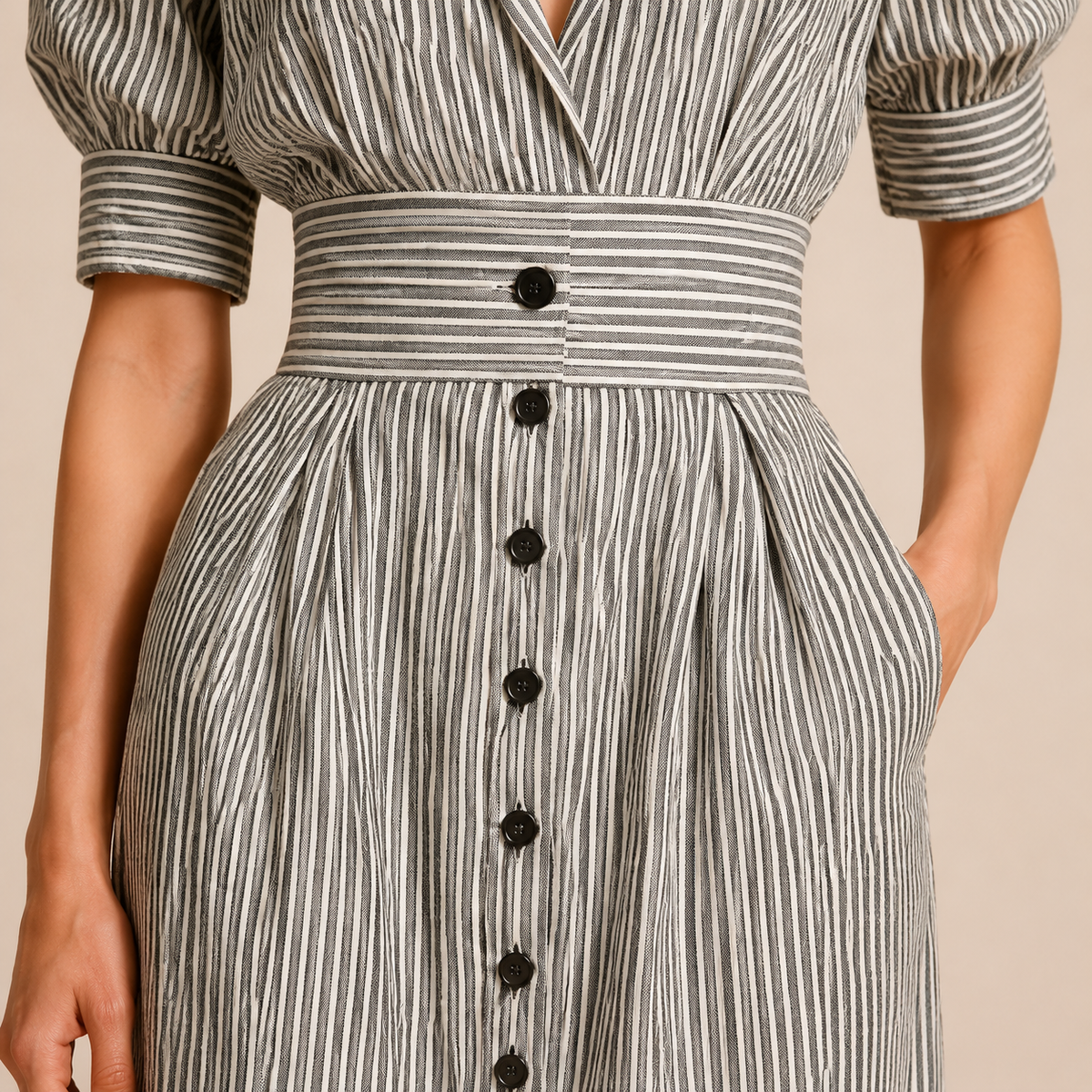 Striped Collared Puff Sleeve Button Front Belted Midi Dress 2
