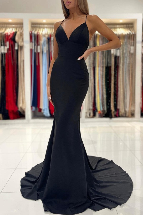 Black V-Neck Spaghetti-Straps Prom Dress Mermaid Sleeveless - Fashionpara
