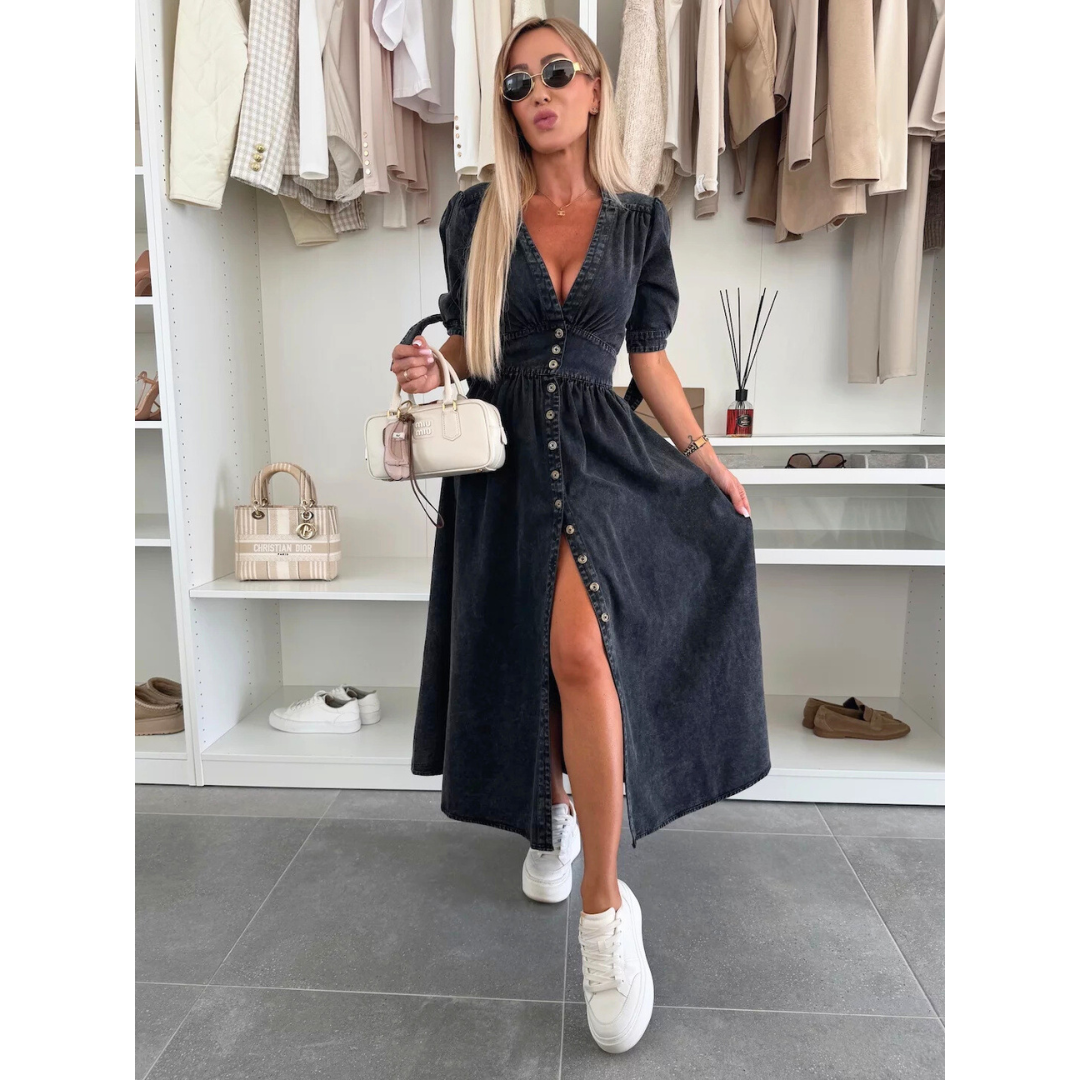 V-Neck Puff Sleeve Button Front High Split Midi Dress 10