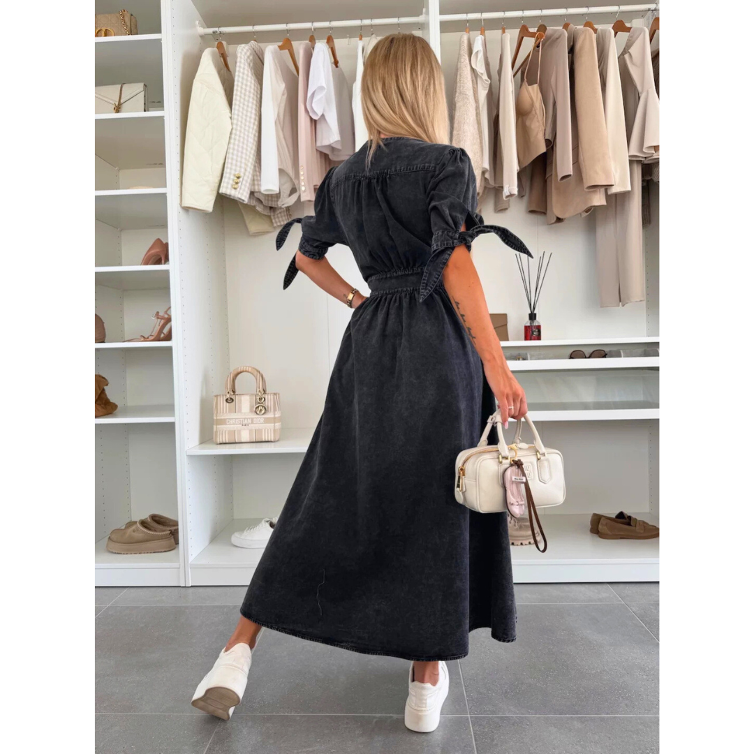 V-Neck Puff Sleeve Button Front High Split Midi Dress 12
