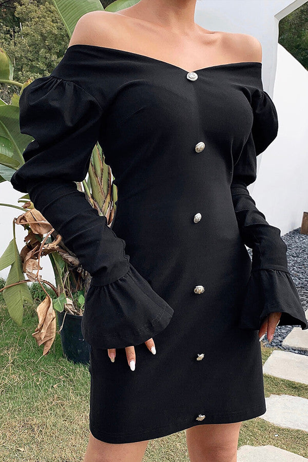 Black V-Neck Buttoned Mini Dress - Mislish