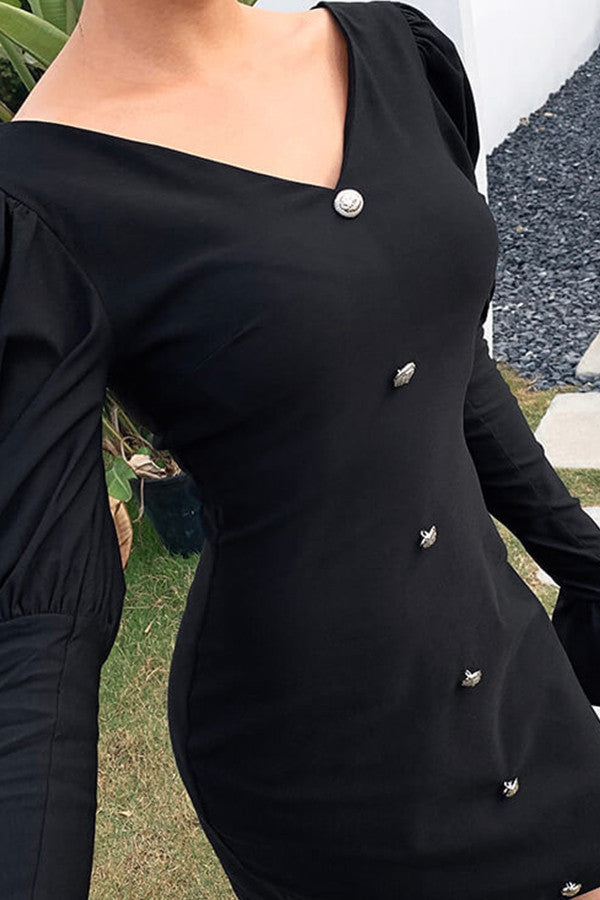 Black V-Neck Buttoned Mini Dress