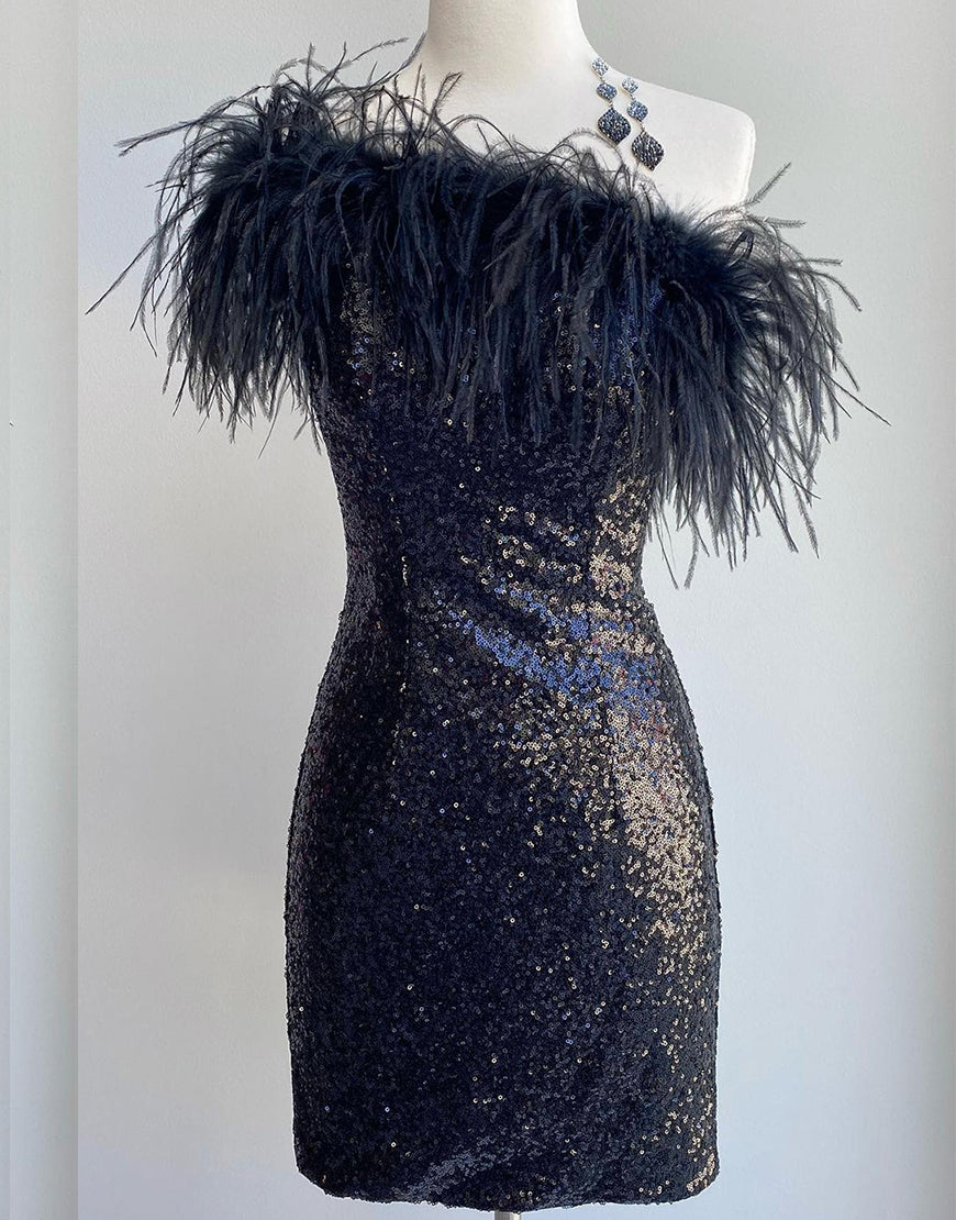 Farrah Sheath Sparkling Sequin Homecoming Dress with Feather Details - Fashionpara