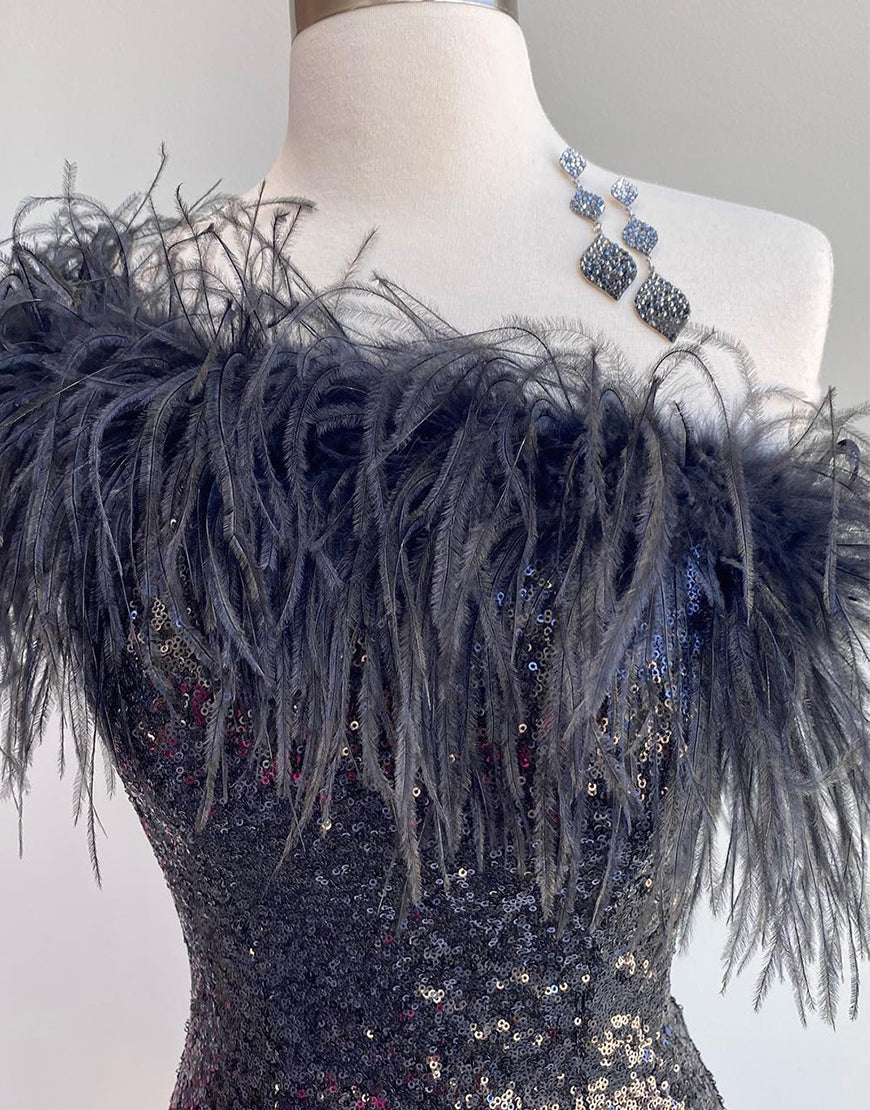 Farrah Sheath Sparkling Sequin Homecoming Dress with Feather Details - Fashionpara