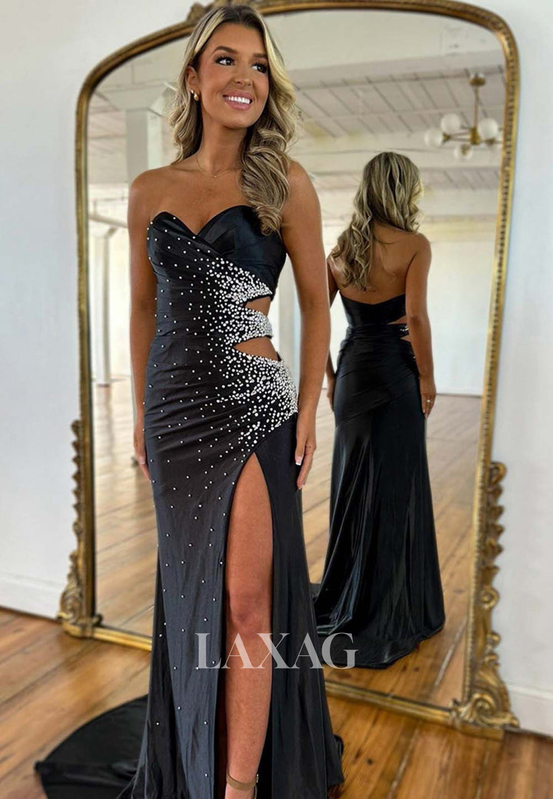 Off-Shoulder Sweetheart Sleeveless Mermaid Prom Dress Beaded Pleated Cutout Evening Gowns with Slit - Fashionpara